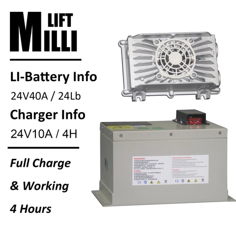 Millilift electric pallet jack battery and charger; Li-battery info 24V40A / 24lb, charger 24V10A / 4H; logo visible.