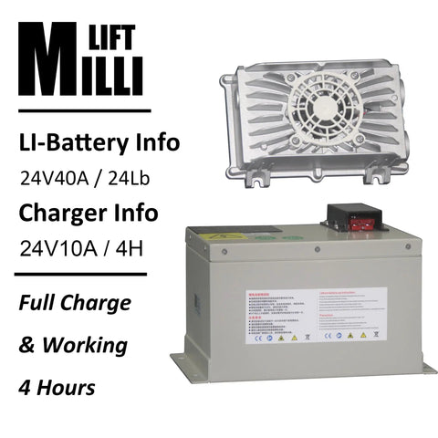 Millilift Electric Pallet Jack Li-Battery and Charger Info with specifications for material handling operations.