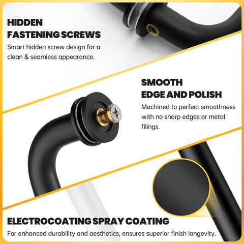 Close-up of Sleek Matte Black Shower Door Handle With Six Inch Center To Center showing hidden screws and smooth edges, highlighting durability.