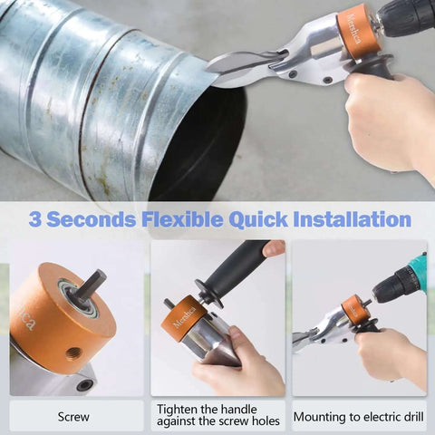 Using a Turn Any Drill Into A Metal Cutting Beast With A 360 Degree Pivoting Shear Attachment on metal barrel