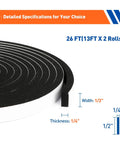 Kickass Black Adhesive Foam Tape For Door And Window Draft Sealing With Solid Grip Weatherstrip Rolls One Half Inch By Quarter Inch 2 Pack Easy Cut For Tight Home Gaps And Cracks, showcasing two rolls sized 26 ft.