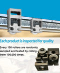 Standard Bearing Block Kit with Roller for RV In Wall Slide Outs Upper and Lower Blocks with Rivets V Roller Arm Replacement OE 379060 Compatible Restores Smooth Quiet Slide Out Operation Get Your RV Sliding Smooth Again, showing the silver block components with rollers against a slide rail background.