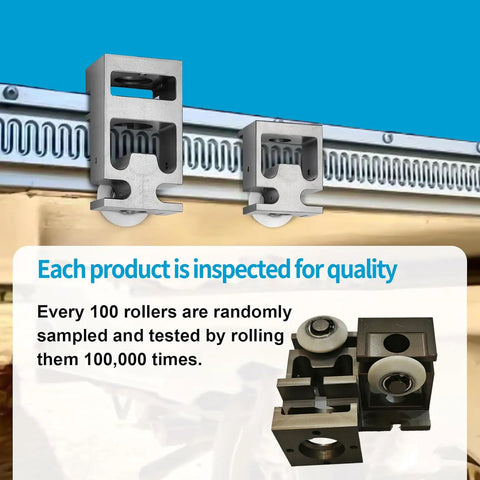 Standard Bearing Block Kit with Roller for RV In Wall Slide Outs Upper and Lower Blocks with Rivets V Roller Arm Replacement OE 379060 Compatible Restores Smooth Quiet Slide Out Operation Get Your RV Sliding Smooth Again, showing the silver block components with rollers against a slide rail background.