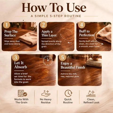 Step-by-step guide for Killer Wood Scratch Repair Balm And Furniture Polish for Finished Countertops, showcasing cleaning process.