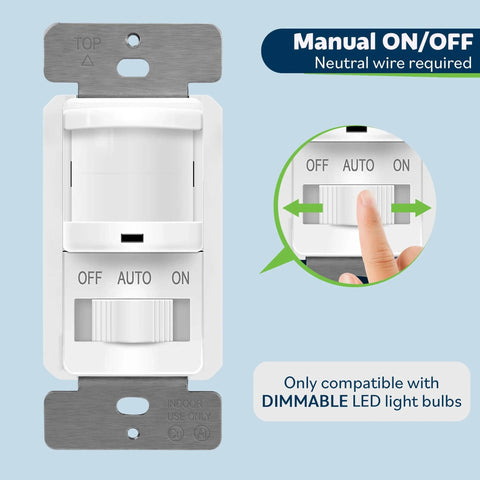 Front view of 2 Pack In Wall Motion Sensor Light Switch For Single Pole Install No Fuss Auto On Off Occupancy Sensor Neutral Wire Required