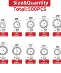 Diagram of Heavy Duty Lock Washers Kit With External And Internal Serrated Teeth For Vibration Resistance, showing sizes M3 to M8, total 500 pcs