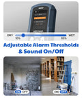 Rechargeable Pinless Moisture Meter For Wood Drywall And Masonry With Color Display, Adjustable Alarm, Data Logs, And Non Destructive Water Leak Detection, Ultra Fast One Second Readings And Dual Scan Per Second For Home Use shown with alarm settings
