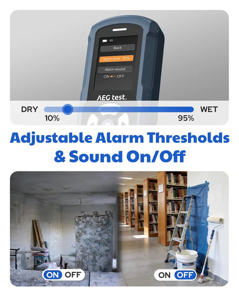 Rechargeable Pinless Moisture Meter For Wood Drywall And Masonry With Color Display, Adjustable Alarm, Data Logs, And Non Destructive Water Leak Detection, Ultra Fast One Second Readings And Dual Scan Per Second For Home Use shown with alarm settings