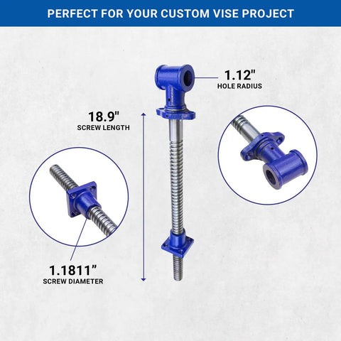 18 Inch Diy Vise Screw For Custom Benches With Beefy Solid Steel Main Screw And Cast Iron Body In Blue Metallic Finish