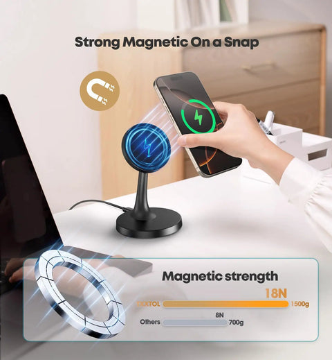 Magnetic Wireless Charger Stand With MagSafe 15W Fast Charge For iPhone 17 Series 16 15 14 13 12 And AirPods shown in use