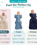 Swaddle Up Transition Bag With Arms Up Design For Easy Arm Out Sleep, Ultra Breathable Cotton Sleep Sack, size options display
