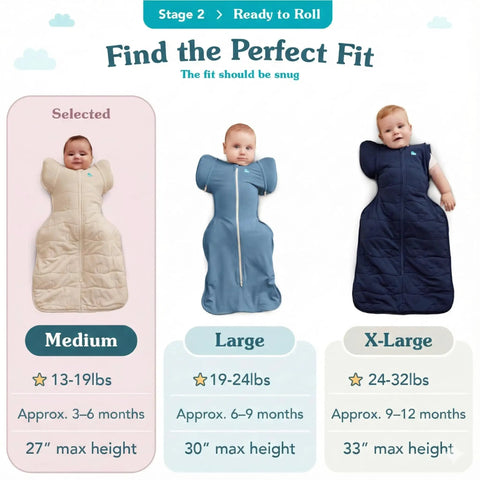 Swaddle Up Transition Bag With Arms Up Design For Easy Arm Out Sleep, Ultra Breathable Cotton Sleep Sack, size options display