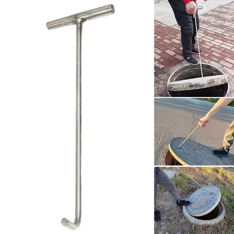 Versatile Manhole Hook Tool With T Shape Grip Lifter and Puller used for lifting manhole covers on streets, showing stainless steel construction