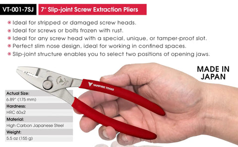 Heavy Duty 7 Inch Slip Joint Screw Extraction Pliers with red ergonomic grips and Japanese steel, held in hand, VT-001-7SJx2.