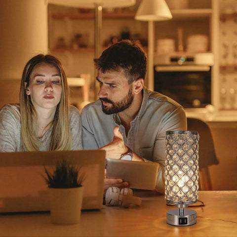 Lit Crystal Table Lamp Set with Dual USB Ports, Touch Control, 3 Way Dimmable Nightstand Lamps on desk in cozy room