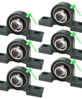 Six 1-inch pillow block bearings UCP205-16 with green cast-iron housing and mounting bases (front view).