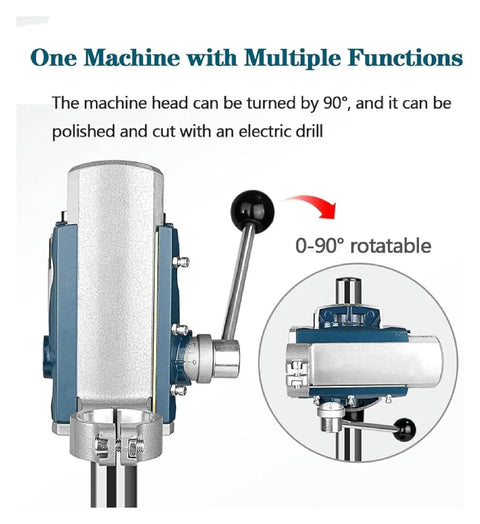 Pro Grade Sturdy Floor Drill Press Stand Featuring Adjustable Vertical Sleeve And Beefy Steel Vice Tailored For Rock Solid Benchtop Precision Workstation Setup with 90-degree rotatable machine head.