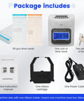 Plug And Play Crew Attendance Clock Featuring Auto Align Punch System With Fifty Standard Cards Dual Tone Inking Backlit Interface Zero Hassle Setup components, including time clock, key, and cards.