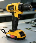 No Hassle Heavy Duty Cordless Power Drill Workhorse With High Torque Motor And Quick Swap Chuck For Fast Woodworking And DIY Builds Rock Solid Handheld Tool on a workbench.