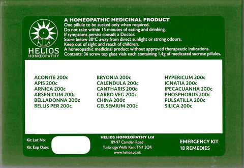 Green Homeopathic Accident and Emergency First Aid Kit with Helios Homeopathy branding and 18 remedies.