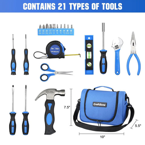 21-Piece Basic Household Tool Kit For Easy Grab-and-Go DIY Fixes, Portable Home Repair Set With Pouch, Blue Tools Display