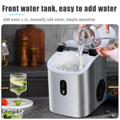 Quiet Countertop Nugget Ice Machine Packs Self Cleaning Tech And Instant Chill Power To Drop Snack Sized Pebble Ice Hella Fast For Weekend Hangouts And Tailgates, filling water.