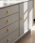 Real Deal Solid Brass Cabinet Knobs Slick Flower Backplate Brushed Gold Finish on grey dresser drawer fronts