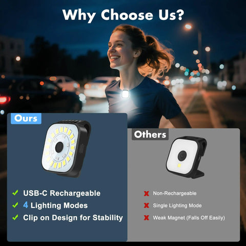 Two Pack Clip On Running Lights With Rechargeable Battery Ultra Bright 24 LED Beams For Night Runs Walking Jogging Biking Hiking Camping Gear Four Modes Safety Dog Light demonstrating clip-on design and lighting modes.