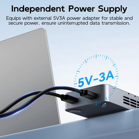 Independent power supply for Dual Bay Raid Enclosure For M.2 Nvme Sata Ssd with external 5V 3A adapter.