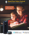 Woman and child use voice control to change WiFi Smart LED Bulbs 1600 Lumen 16W 150W Equivalent E26 A19 Lights