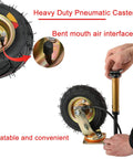 Heavy Duty Pneumatic Rubber Castor Wheels Provide Silent Gliding And Grippy Traction On Rough Grounds, showing air interface and inflation setup.