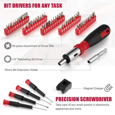 Built Tough 218 Piece Tool Kit For Homeowners And Auto Repair Featuring Heat Treated Chrome Wrenches Sockets Pliers Screwdrivers And Compact Case Black Red