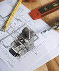 Self Locking Folding Table Leg Hinges Set 2 With 90 Degree Rotation And 20 Screws shown on architectural plans with drill and tape measure