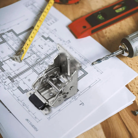 Self Locking Folding Table Leg Hinges Set 2 With 90 Degree Rotation And 20 Screws shown on architectural plans with drill and tape measure