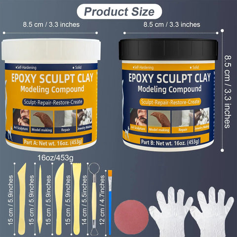 2 Lb Epoxy Putty Sculpt Clay For Modeling And Repair, shown in two 16oz containers with sculpting tools and gloves