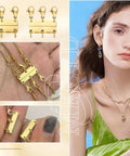 Gold and silver Magnetic Necklace Clasp Set For Layering No Fuss Quick Snap Closures, demonstrated on layered necklaces and model.