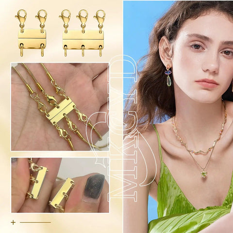 Gold and silver Magnetic Necklace Clasp Set For Layering No Fuss Quick Snap Closures, demonstrated on layered necklaces and model.