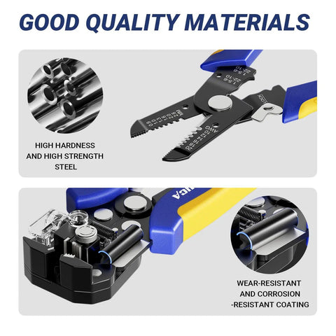 Close-up of Self Adjusting And Manual Wire Stripper Tool Set For 10 To 24 AWG Heavy Duty Electrical Strippers showcasing steel blades and grips.