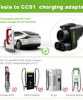 Tesla to CCS1 charging adapter graphic showing compatibility with DC chargers and highlighting its use for EV owners.