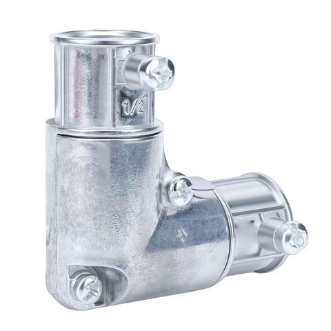 1/2 Inch 90 Degree Inside Corner Conduit Fitting Zinc Alloy Electrical Pull Elbow For EMT Wire Routing, silver finish, dual entry.