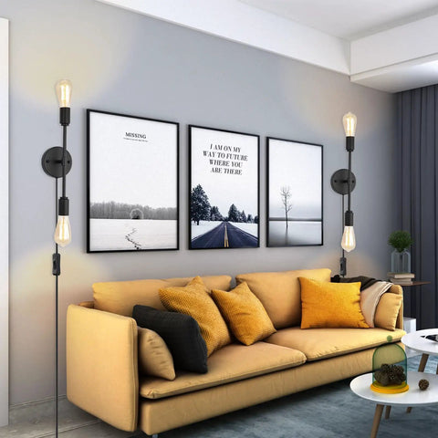 Lit Two-Light Black Bathroom Vanity Light Fixtures Set Of Two, Modern Industrial Wall Sconces With Plug-In Cord beside sofa