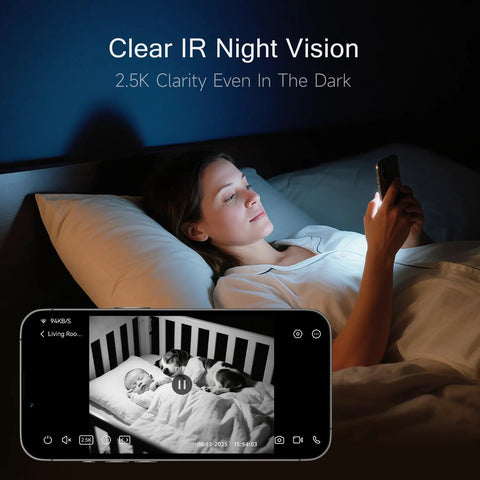 Woman using 2.5K Indoor Security Camera 4 Pack With Free AI Person Pet Cry Detection, viewing night vision baby monitor app in bed