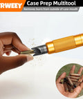 TYRWEEY Case Prep Multitool, orange deburring tool for cartridge cases; shows several brass casings.