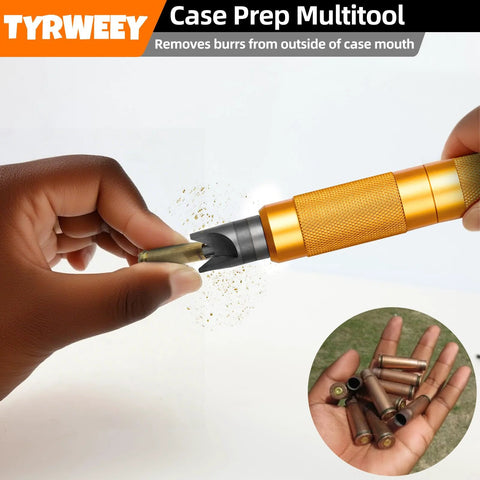 TYRWEEY Case Prep Multitool, orange deburring tool for cartridge cases; shows several brass casings.