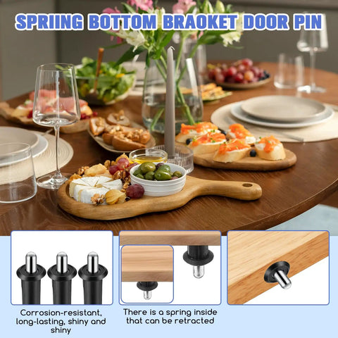 Bully Proof Spring Pin Set For Cabinet Door Dampers And Drawer Hinges 24 Pack shown on a dining table alongside dishes.