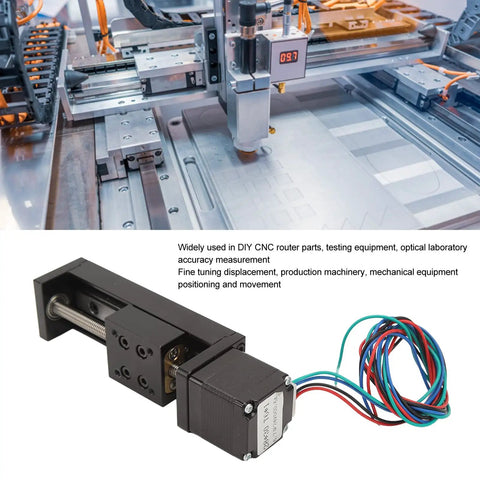 50mm Stroke Mini Linear Rail Guide Slide Actuator Built Like A Workhorse Featuring Heavy Duty Alloy Stepper Motion Stage angled view with wires