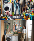 Before and after using Heavy Duty Mop And Broom Holder Wall Mount With Stainless Steel Five Rack Organizer And Four Hooks in laundry room