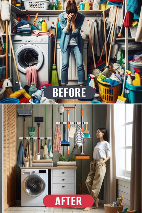 Before and after using Heavy Duty Mop And Broom Holder Wall Mount With Stainless Steel Five Rack Organizer And Four Hooks in laundry room