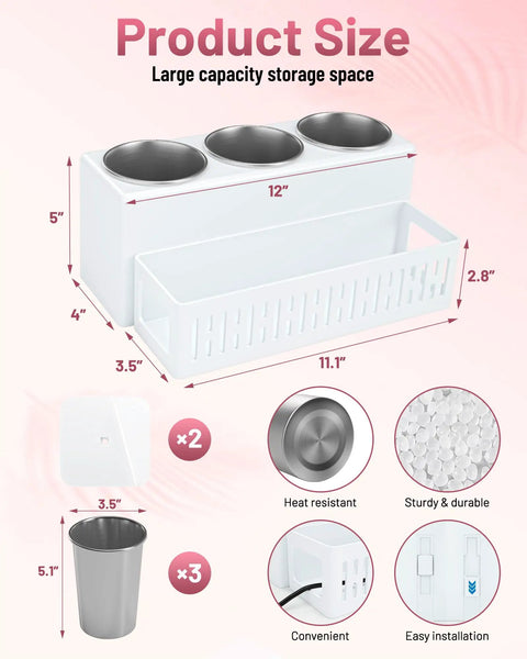 Dimensions of Detachable Hair Dryer Holder and Tool Organizer With 3 Stainless Steel Cups, Wall Mounted Bathroom Storage