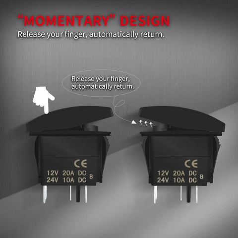 12V Horn Button Momentary Rocker Switch With Blue LED Lights Waterproof Toggle side view showing momentary design mechanism